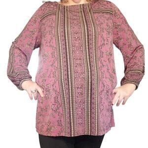 Susan Graver Artisan Size 1X Liquid Knit Mauve Purple Rhinestone Paisley Tunic